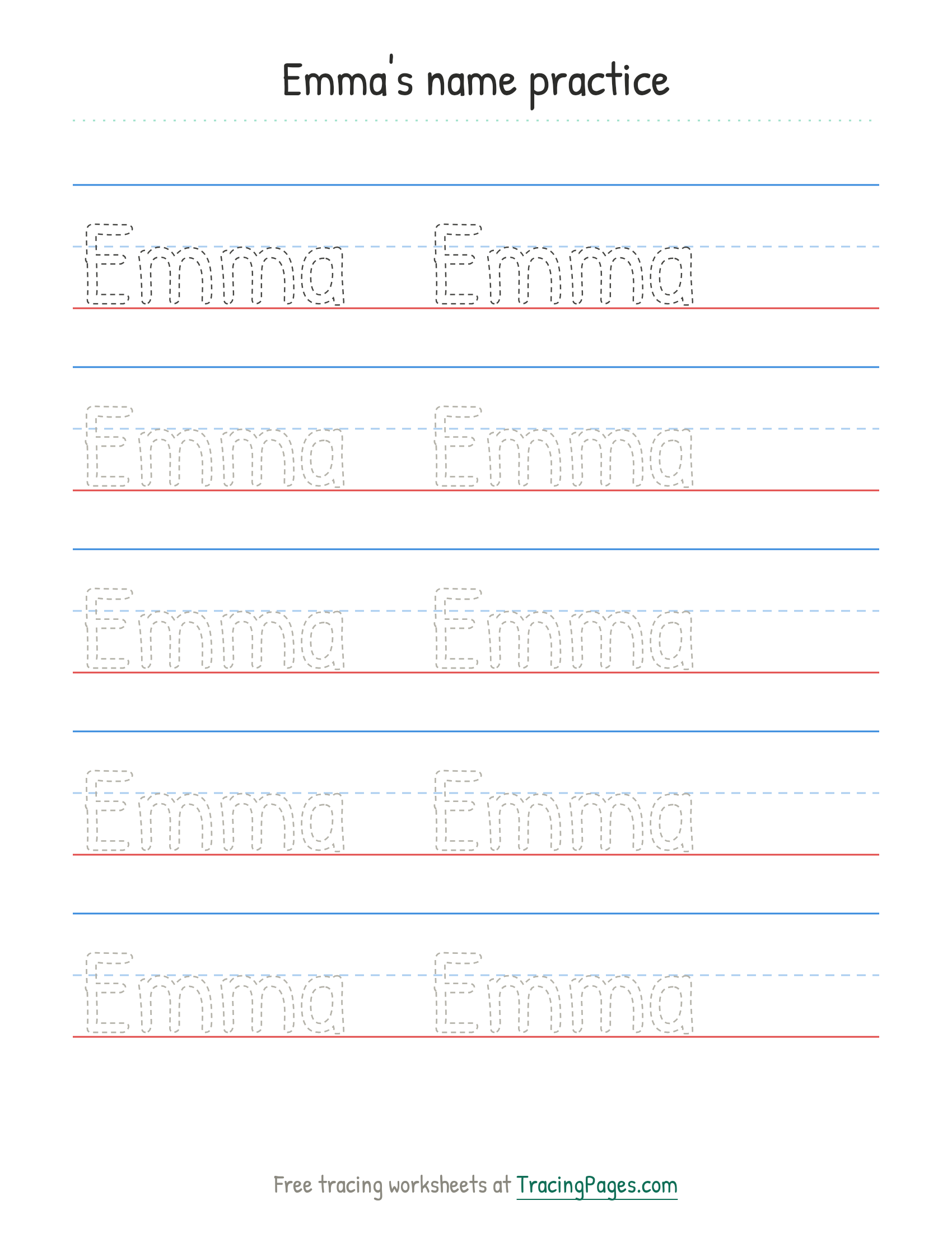 Example name tracing worksheet for the name Emma, with dotted letters on handwriting guide lines